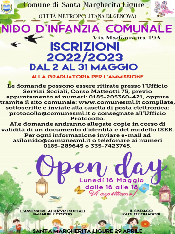 Nido d'infanzia comunale - Open day ed apertura iscrizioni 2022 / 2023